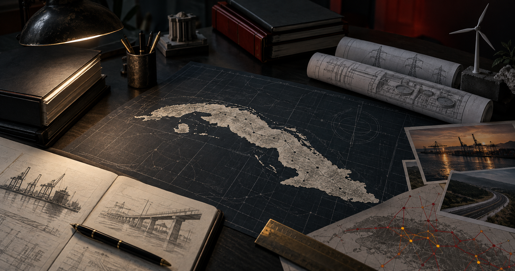 Institutional planning desk with a map of Cuba and infrastructure reconstruction diagrams