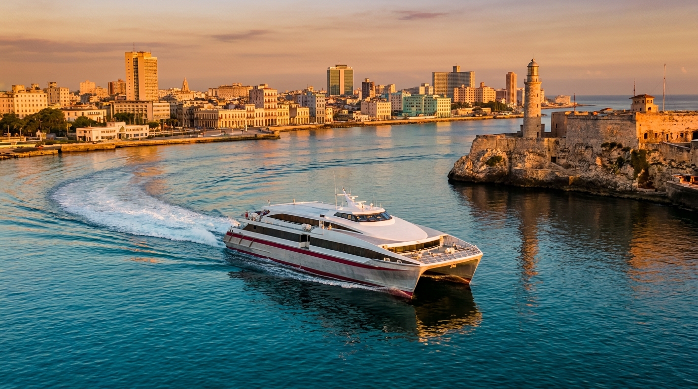 Development visualization: a modern high-speed ferry arriving in a revitalized Havana harbor at golden hour, El Morro fortress at right. Rendering: HER.