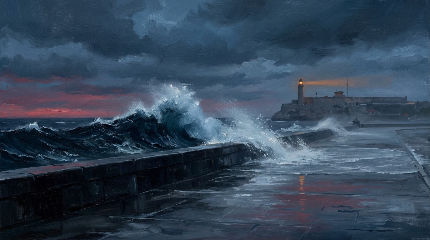 Oil-painting style editorial illustration: storm waves breaking over Havana's Malecon seawall at dusk, El Morro lighthouse holding its beam in the distance. Illustration: HER.